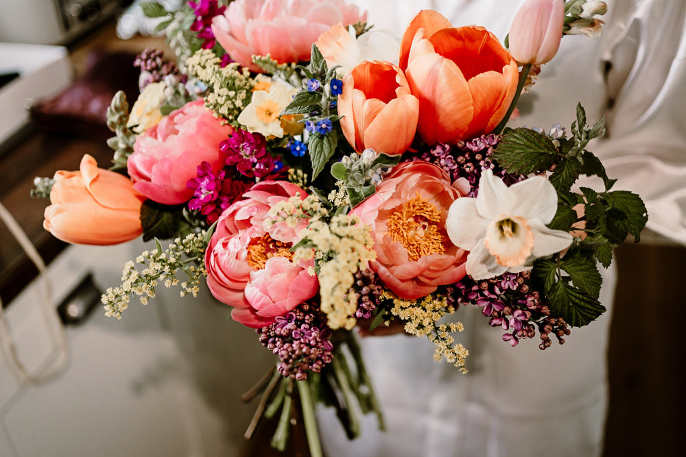 Bouquet Flowers Bride Pink Peony Tulip Daffodil Woolas Barn Wedding Hayley Baxter Photography