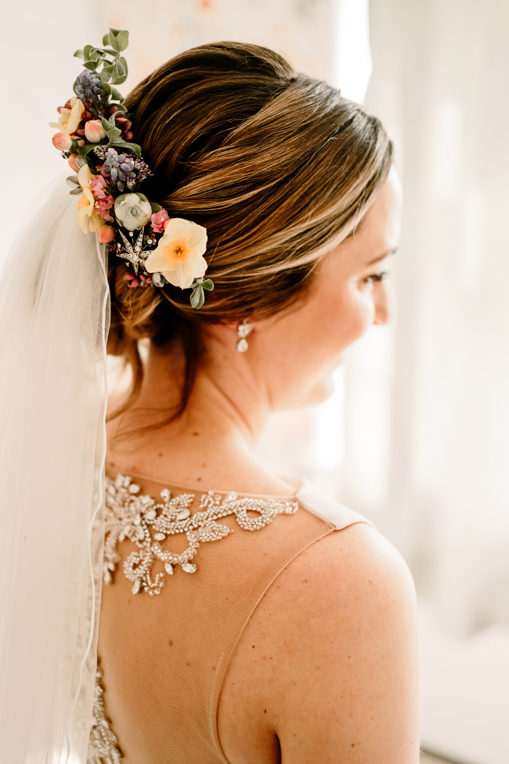 Hair Flowers Veil Bride Up Do Woolas Barn Wedding Hayley Baxter Photography