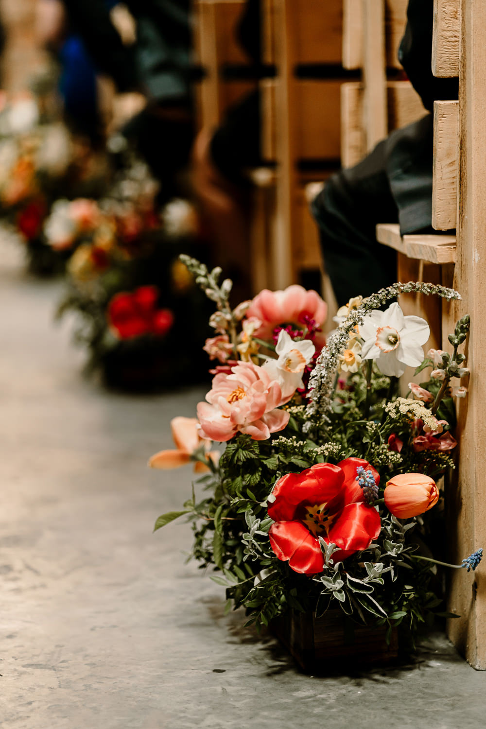 Aisle Flowers Spring Peony Woolas Barn Wedding Hayley Baxter Photography