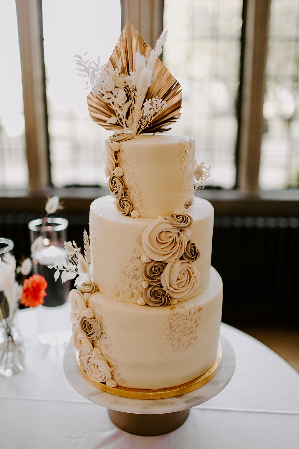 3 Tier Flower Cake Cream Burnt Orange Wedding Sian Hall Photography
