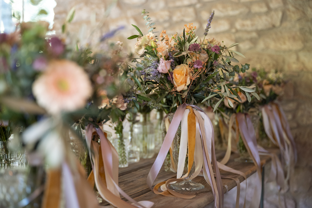 Chateau de Queille Wedding Award Weddings Bouquet Flowers Bride Bridesmaid Ribbons Pastel