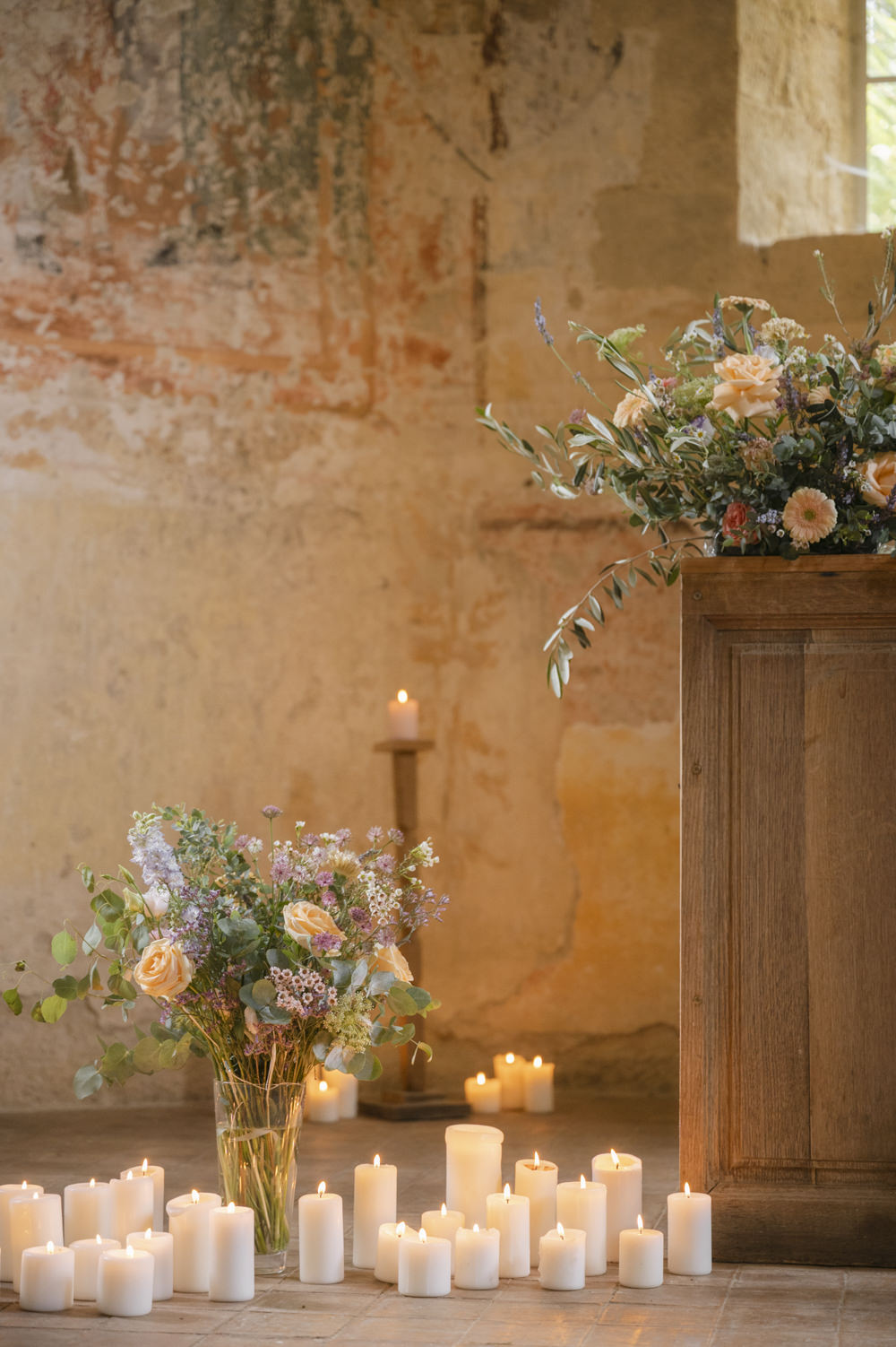 Church Flowers Candles Decor Pew Ends Chateau de Queille Wedding Award Weddings