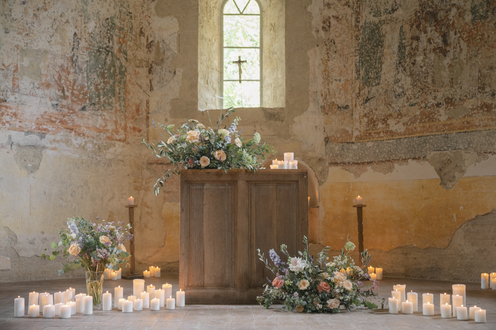 Church Flowers Candles Decor Pew Ends Chateau de Queille Wedding Award Weddings