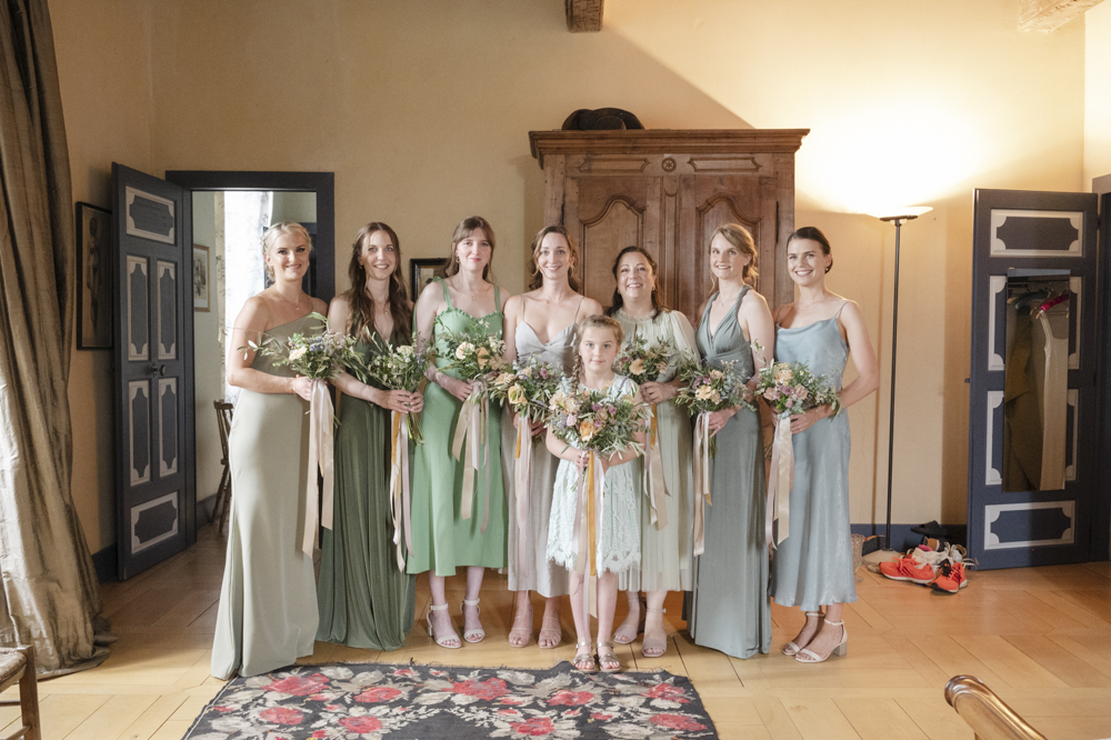 Bridesmaids Green Mismatched Dresses Chateau de Queille Wedding Award Weddings