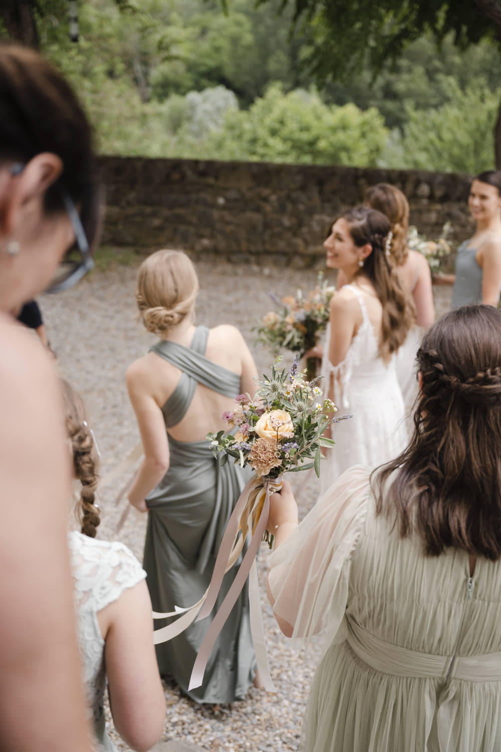 Bridesmaids Green Mismatched Dresses Chateau de Queille Wedding Award Weddings