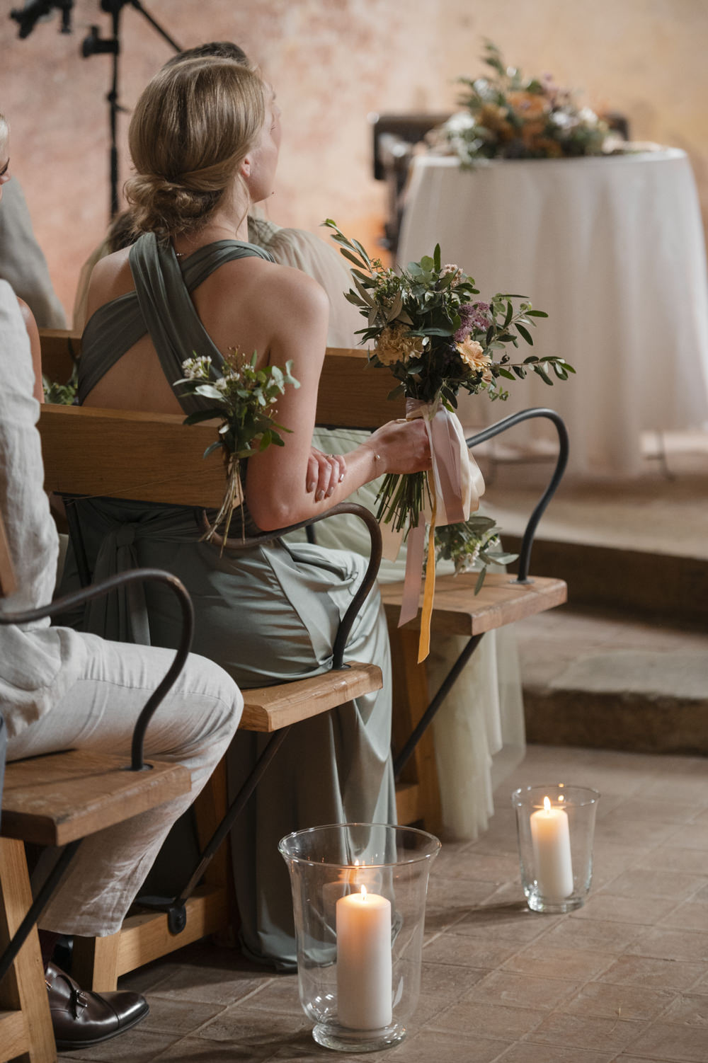 Bridesmaids Green Mismatched Dresses Bouquet Chateau de Queille Wedding Award Weddings