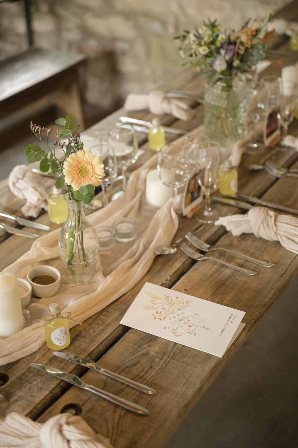 Table Decor Silk Runner Bottle Flowers Napkins Candles Chateau de Queille Wedding Award Weddings