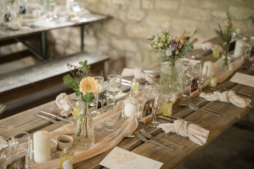 Table Decor Silk Runner Bottle Flowers Napkins Candles Chateau de Queille Wedding Award Weddings