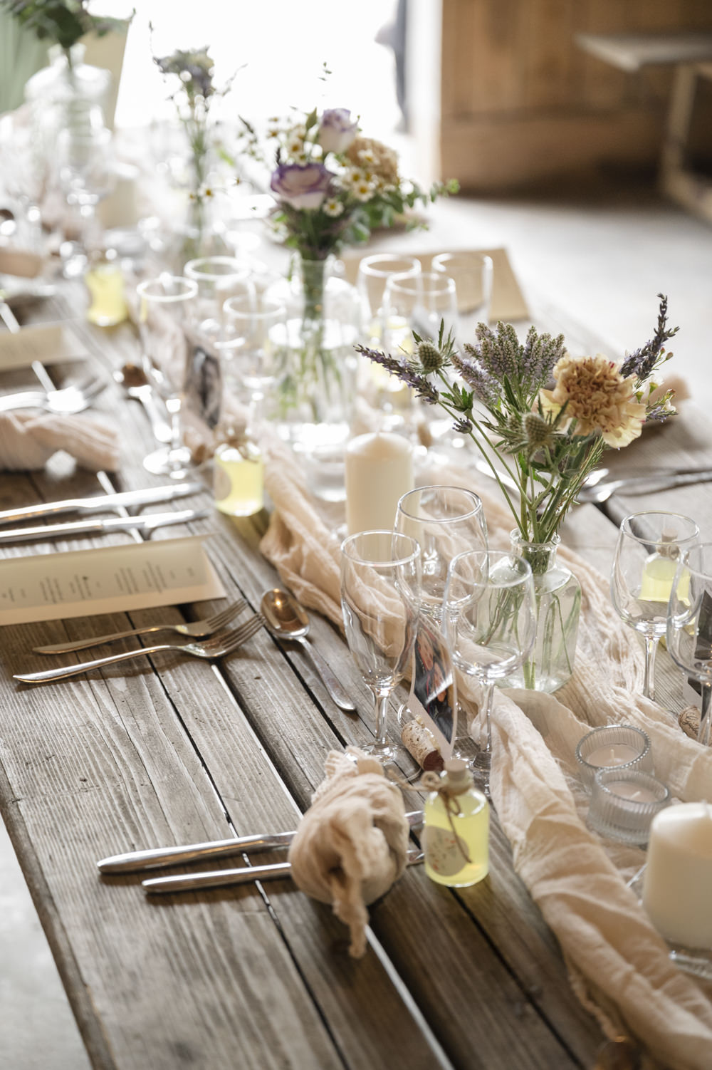 Table Decor Silk Runner Bottle Flowers Napkins Candles Chateau de Queille Wedding Award Weddings
