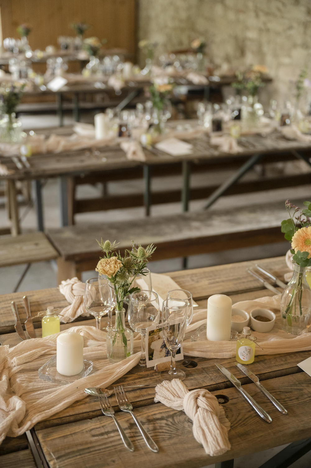 Table Decor Silk Runner Bottle Flowers Napkins Candles Chateau de Queille Wedding Award Weddings