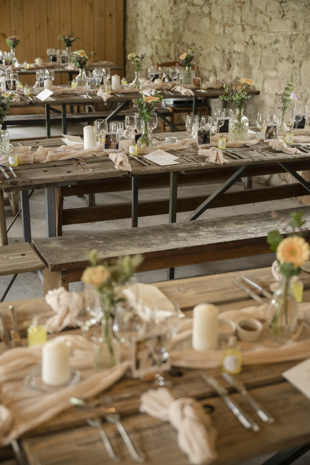 Table Decor Silk Runner Bottle Flowers Napkins Candles Chateau de Queille Wedding Award Weddings