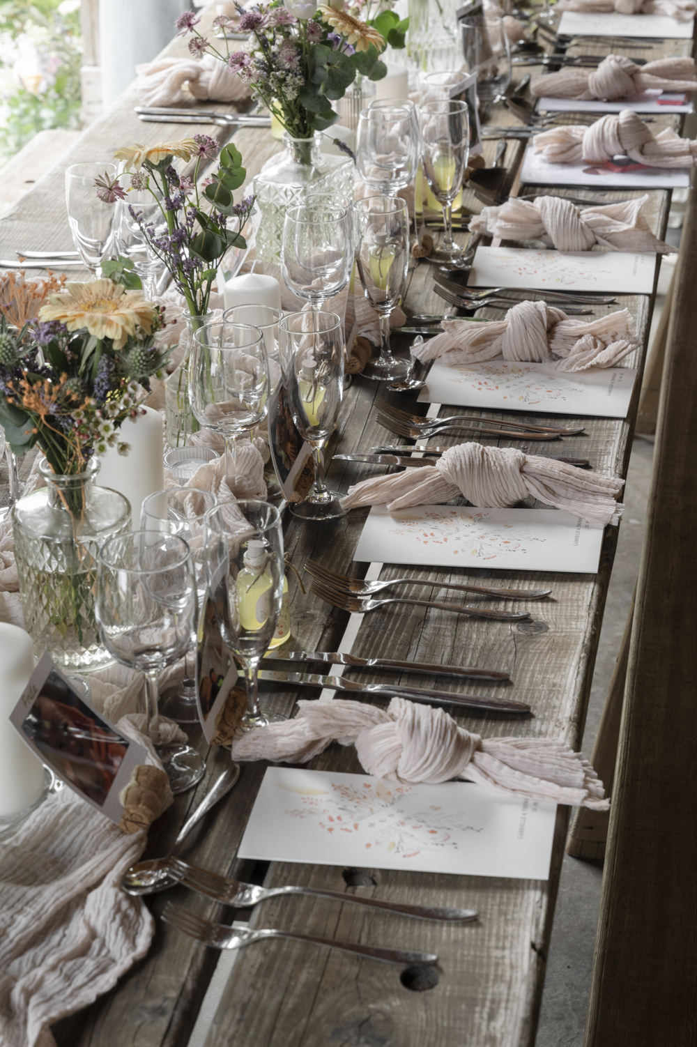 Table Decor Silk Runner Bottle Flowers Napkins Candles Chateau de Queille Wedding Award Weddings
