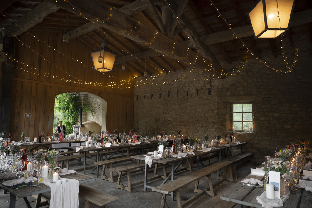 Barn Reception Fairy Lights Chateau de Queille Wedding Award Weddings