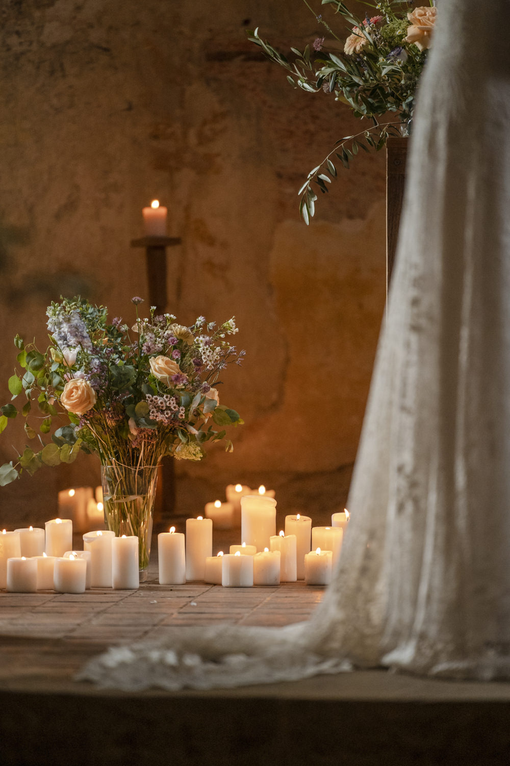 Church Flowers Candles Decor Pew Ends Chateau de Queille Wedding Award Weddings