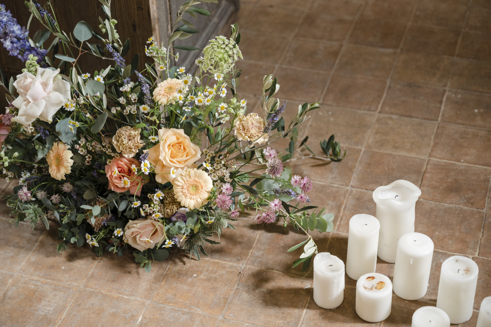 Church Flowers Candles Decor Pew Ends Chateau de Queille Wedding Award Weddings