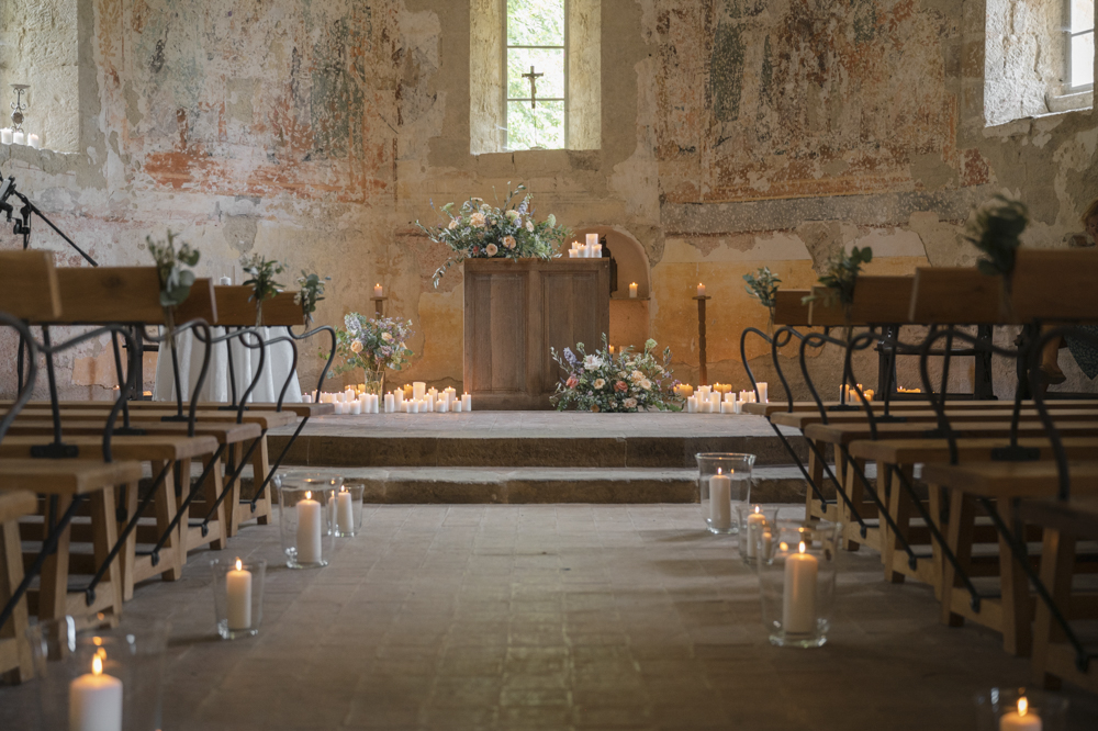 Church Flowers Candles Decor Pew Ends Chateau de Queille Wedding Award Weddings