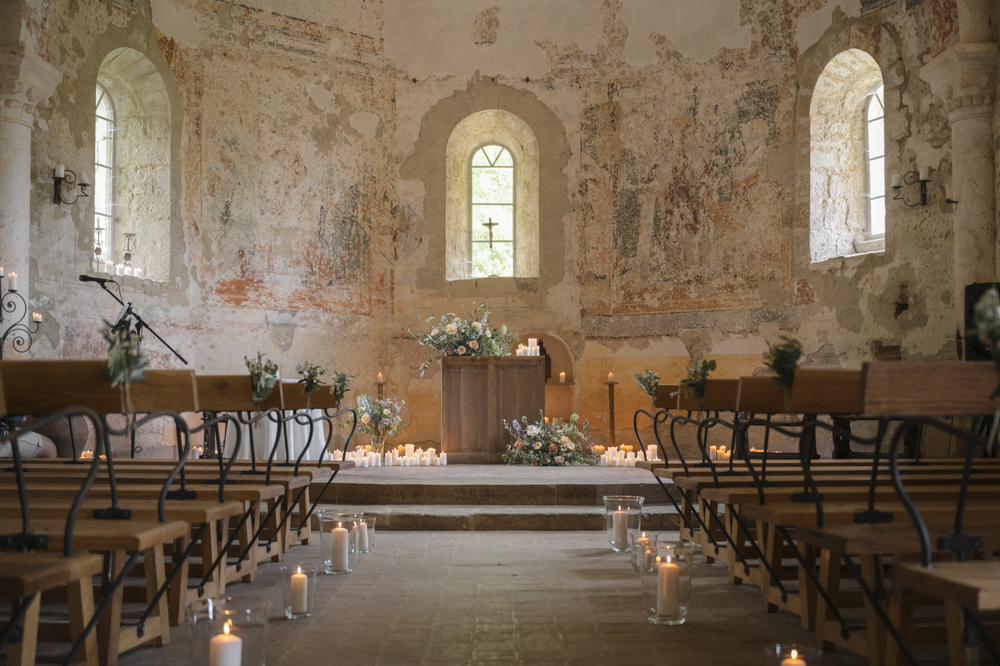 Church Flowers Candles Decor Pew Ends Chateau de Queille Wedding Award Weddings