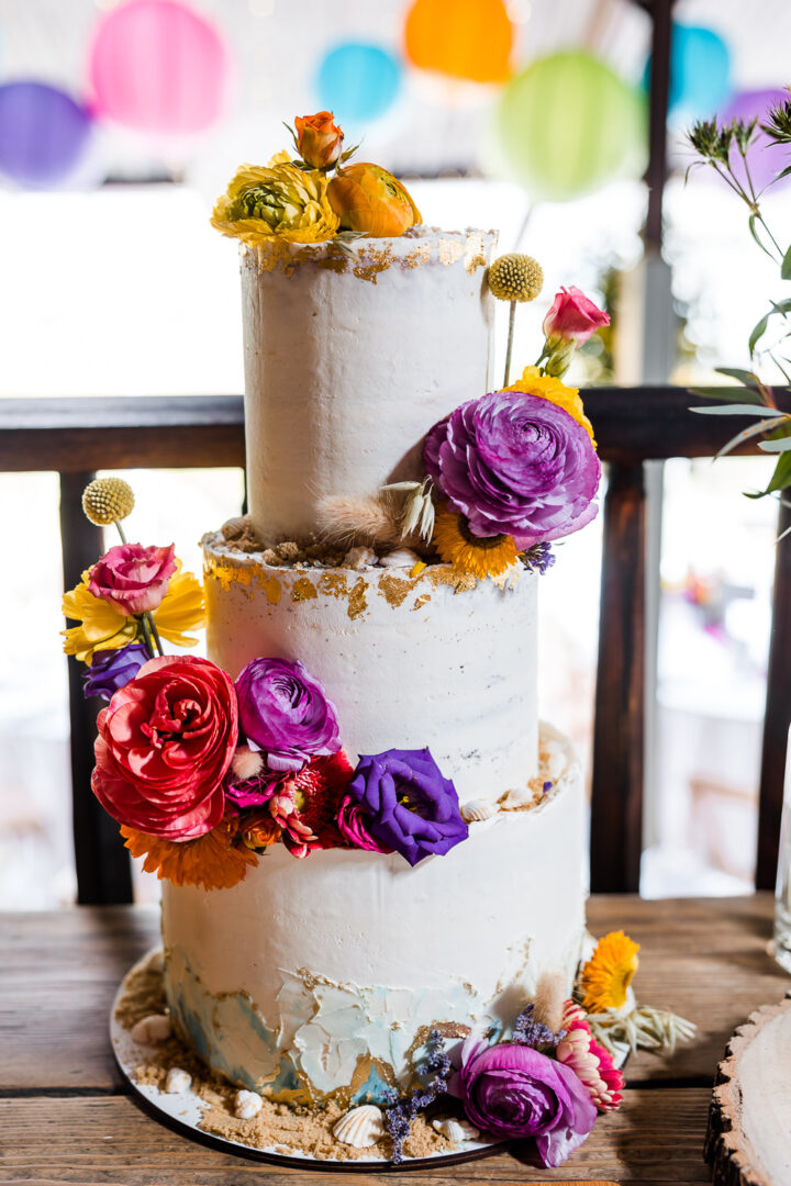 Gold Leaf Flower Wedding Cake Eve Dunlop Photography