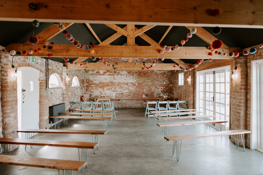 Ceremony Room Wool Pom Poms Leicestershire Barn Wedding Gina Fernandes Photography