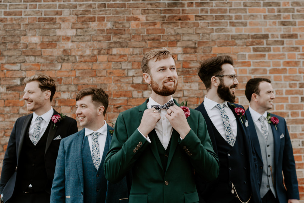 Groom Green Suit Bow Tie Leicestershire Barn Wedding Gina Fernandes Photography
