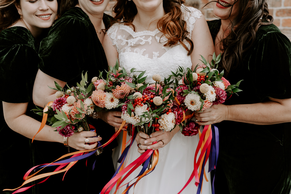 Bride Bridesmaid Bouquets Flowers Red White Ribbons Leicestershire Barn Wedding Gina Fernandes Photography