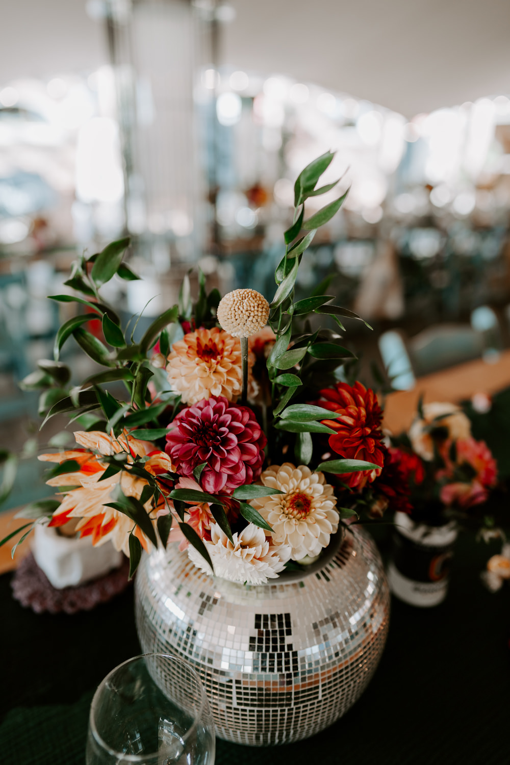 Disco Ball Flowers Dahlias Decor Centrepiece Leicestershire Barn Wedding Gina Fernandes Photography
