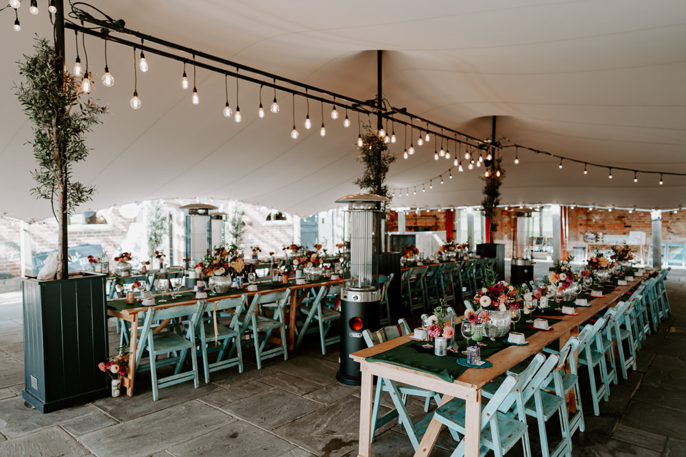 Marquee Tent Ceiling Festoon Lights Rustic Furniture Decor Leicestershire Barn Wedding Gina Fernandes Photography