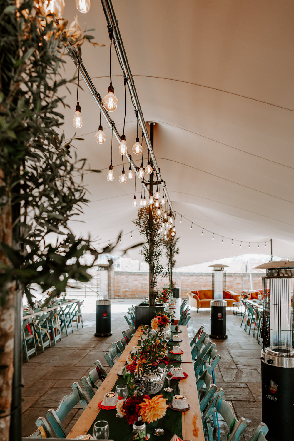 Marquee Tent Ceiling Festoon Lights Rustic Furniture Decor Leicestershire Barn Wedding Gina Fernandes Photography