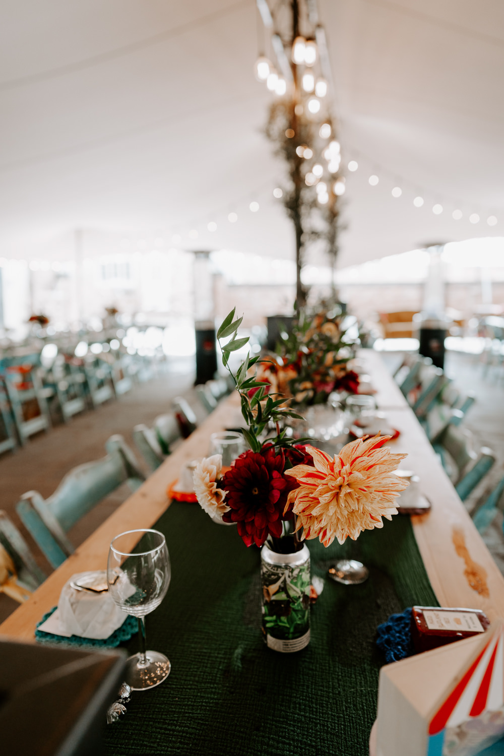 Marquee Tent Ceiling Festoon Lights Rustic Furniture Decor Green Runner Leicestershire Barn Wedding Gina Fernandes Photography