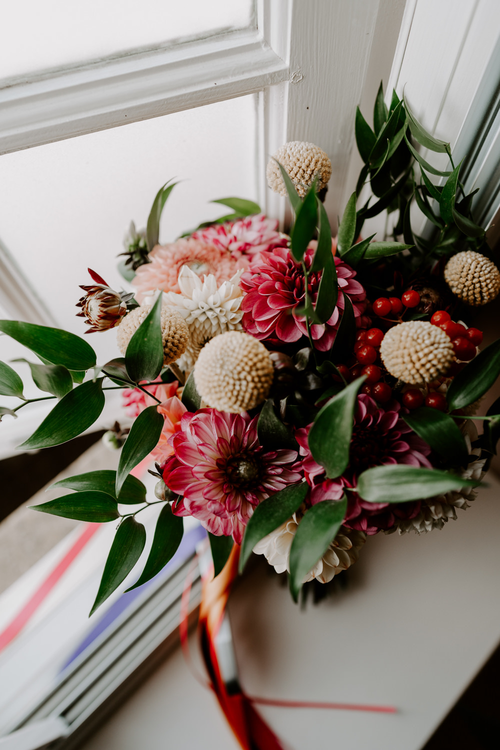 Bouquet Flowers Red Yellow Leicestershire Barn Wedding Gina Fernandes Photography