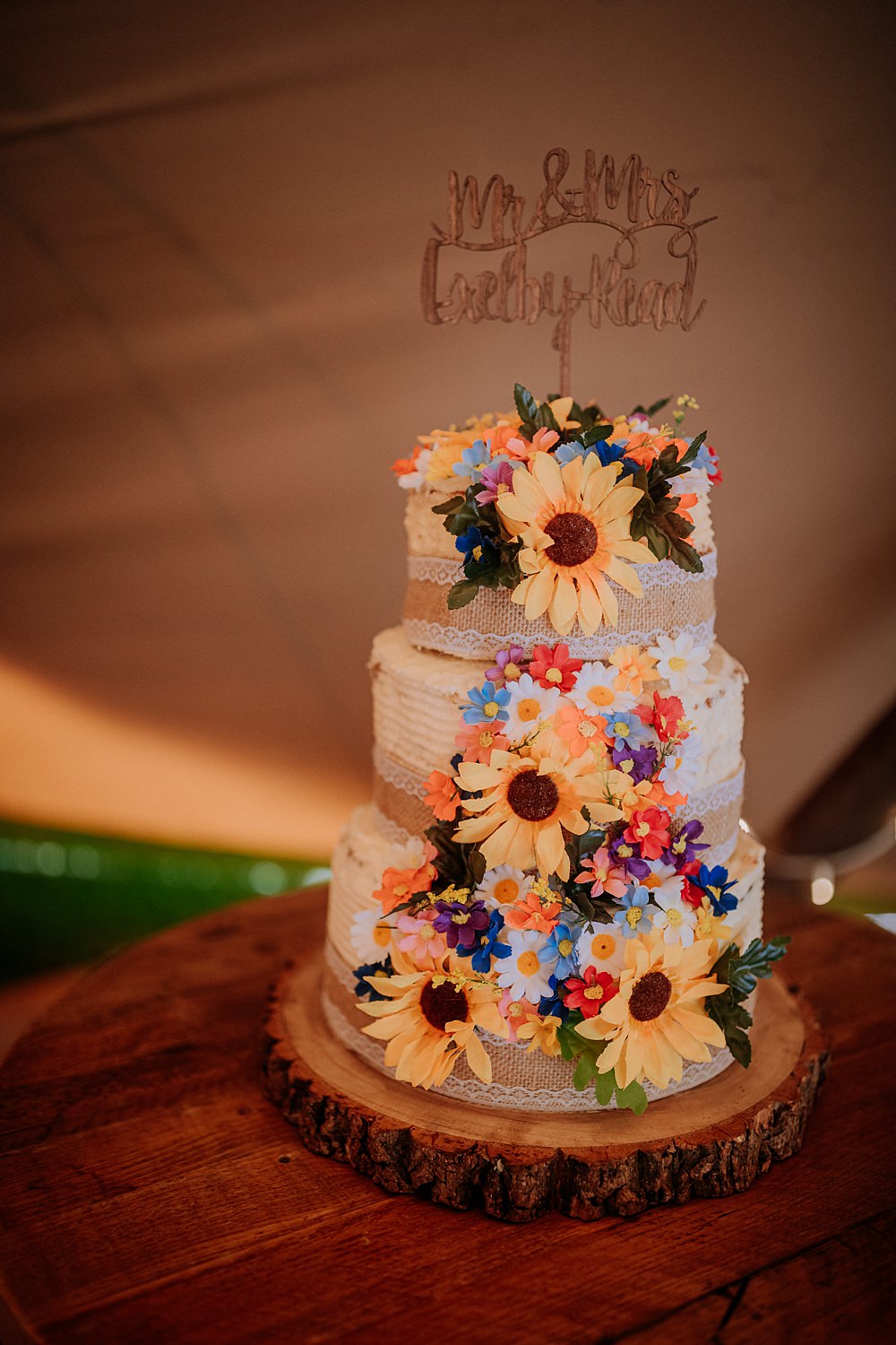 3 Tier Cake Flowers Sunflowers Low Osgoodby Grange Wedding Peter Hugo Photography