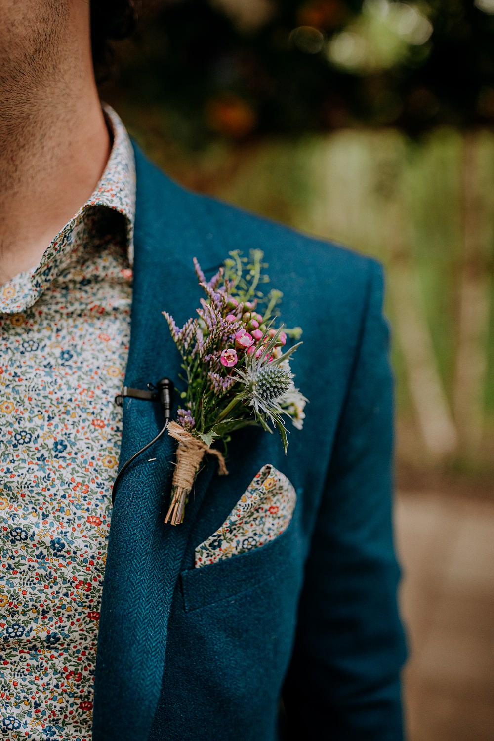 Groom Buttonhole Flowers Twine Floral Shirt Pocket Square Blue Suit Low Osgoodby Grange Wedding Peter Hugo Photography