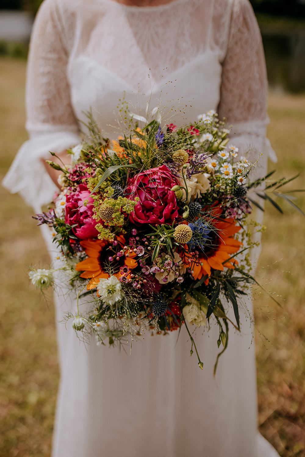 Bouquet Flowers Summer Peony Sunflower Bridal Low Osgoodby Grange Wedding Peter Hugo Photography