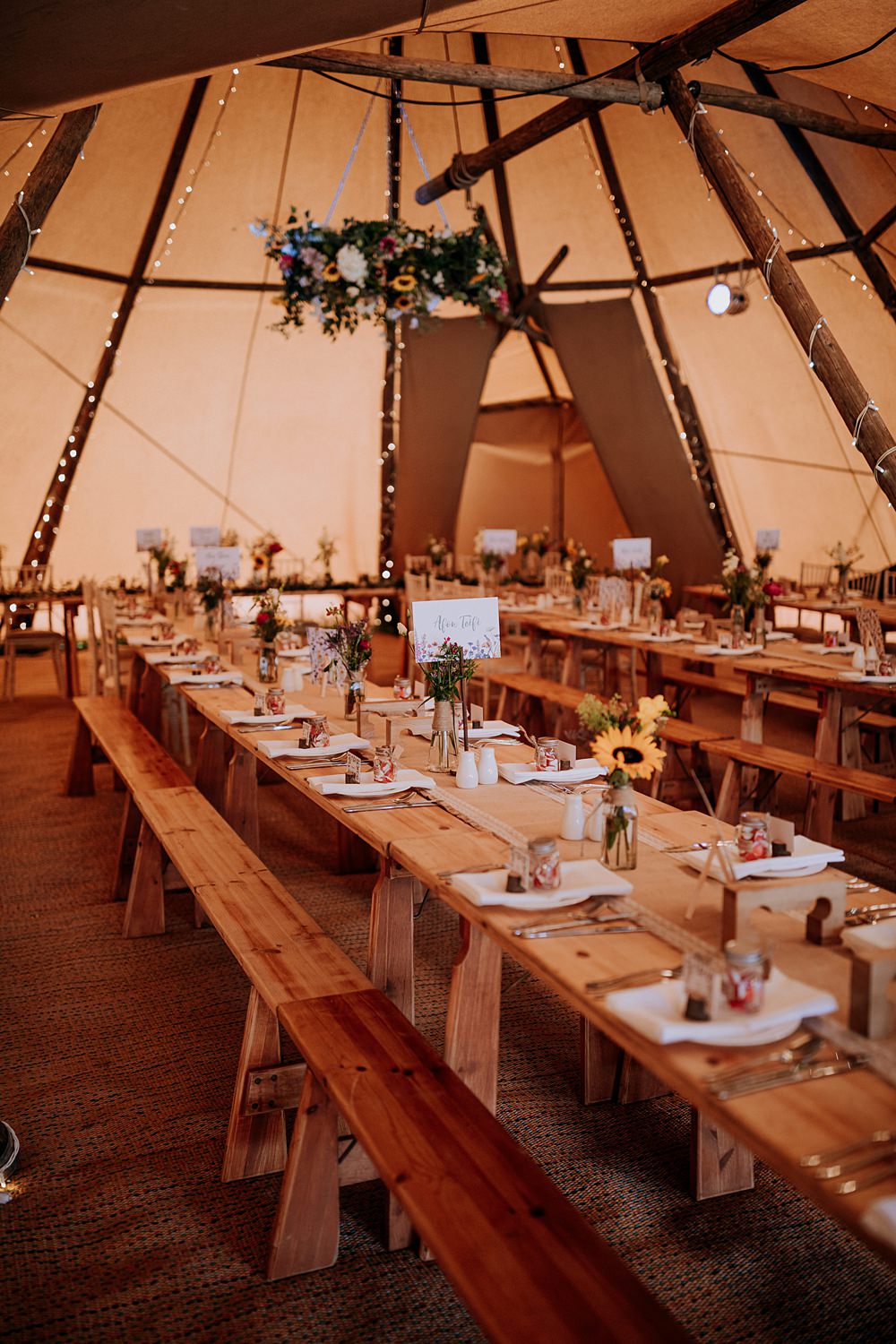 Tip Reception Long Wooden Tables Low Osgoodby Grange Wedding Peter Hugo Photography
