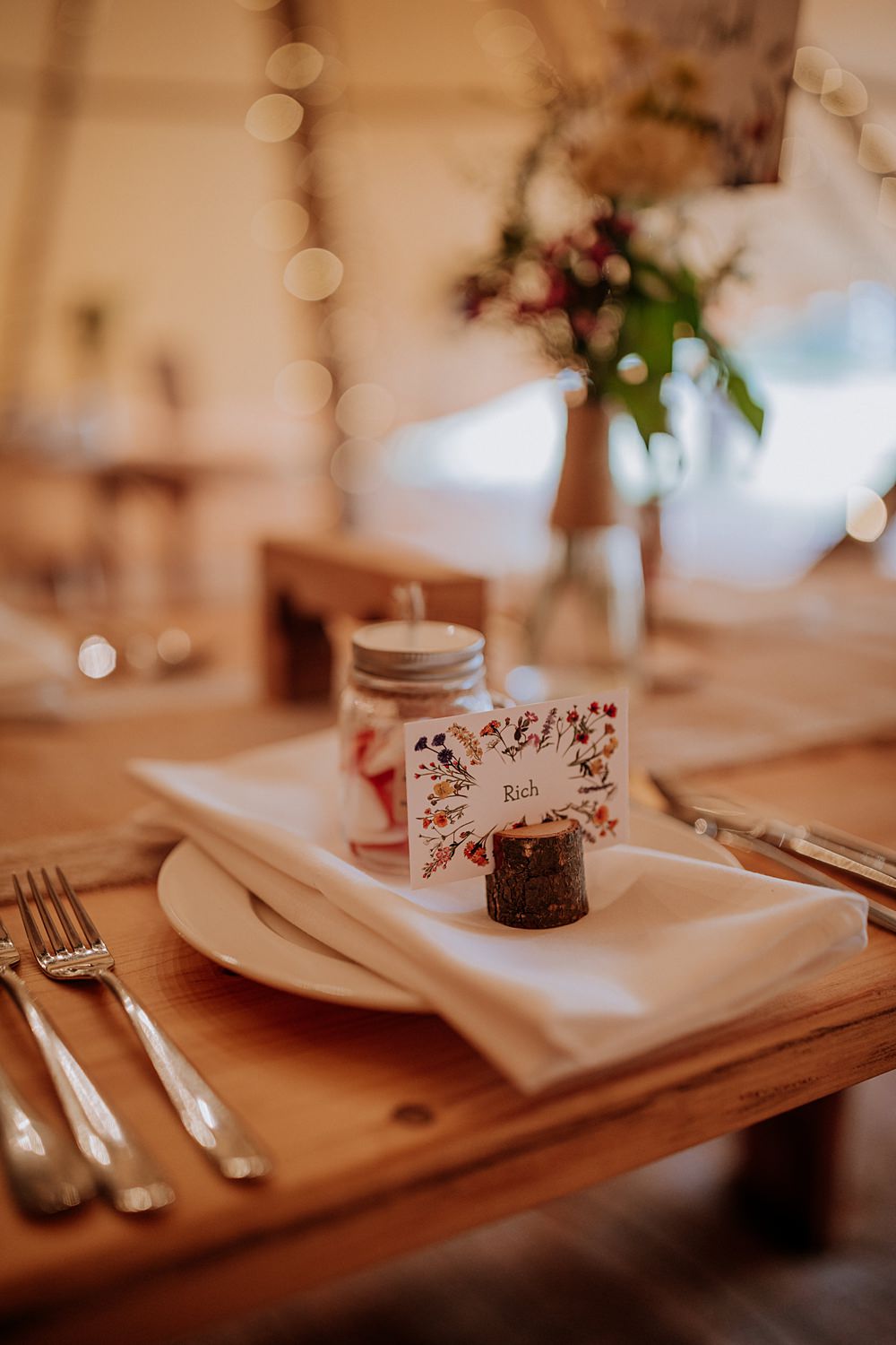 Log Place Name Holder Napkin Low Osgoodby Grange Wedding Peter Hugo Photography