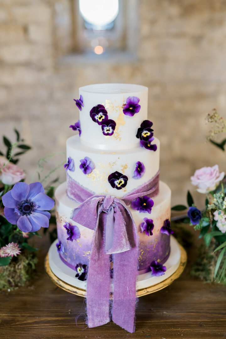 Petal Flower Wedding Cake Purple Ribbon Idea Captured by Katrina
