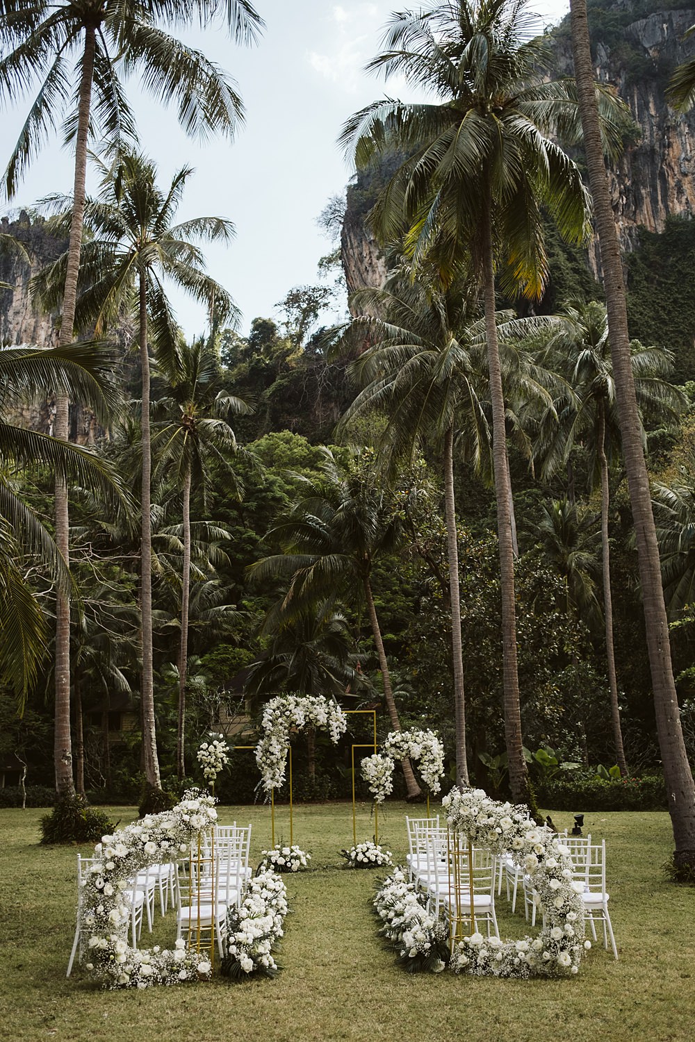 Ceremony Aisle White Flowers Jungle Palm Trees Rayavadee Krabi Wedding Thailand Blancorazon Wedding