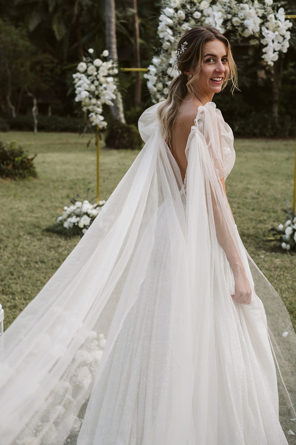 Glitter Sequin Dress Gown Cape Veil Cap Sleeves Milla Nova Rayavadee Krabi Wedding Thailand Blancorazon Wedding