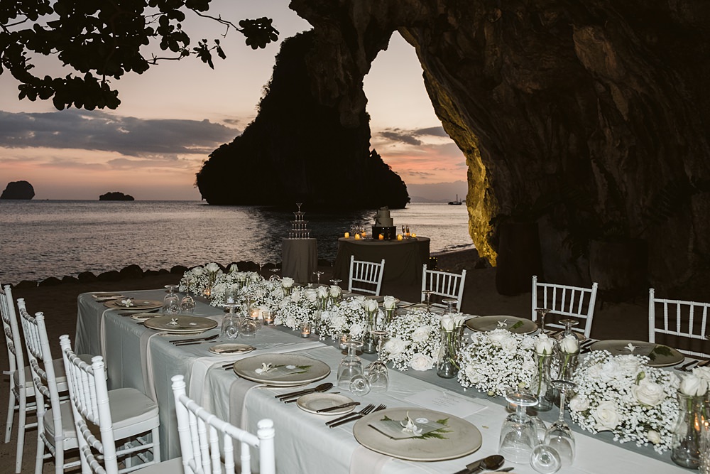 Table Beach Sea Fairy Light Canopy White Flowers Rayavadee Krabi Wedding Thailand Blancorazon Wedding