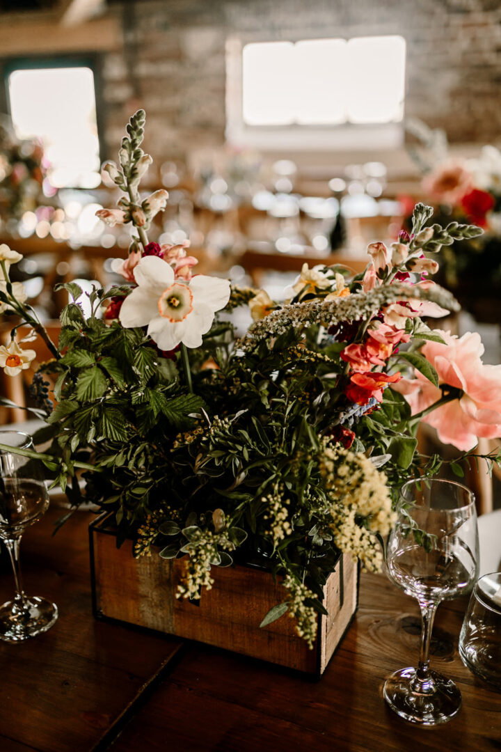 Rustic Wedding Idea Centrepiece Wooden Box Flowers Hayley Baxter Photography