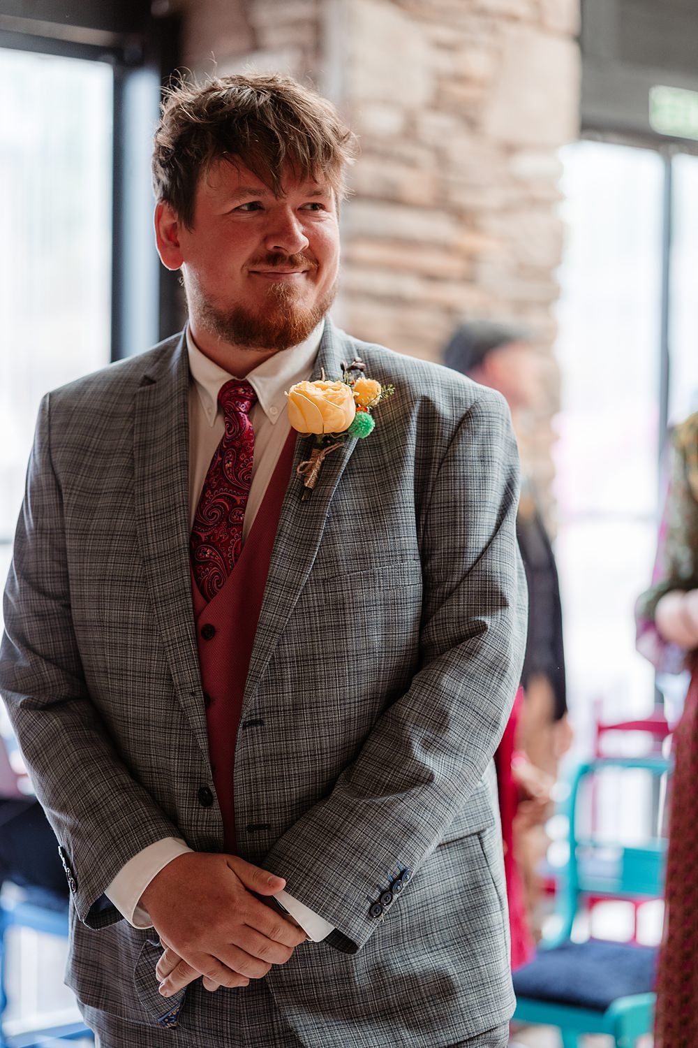 Groom Suit Grey Check Pink Tie Waistcoat The Wholehouse Wedding Katherine and her Camera