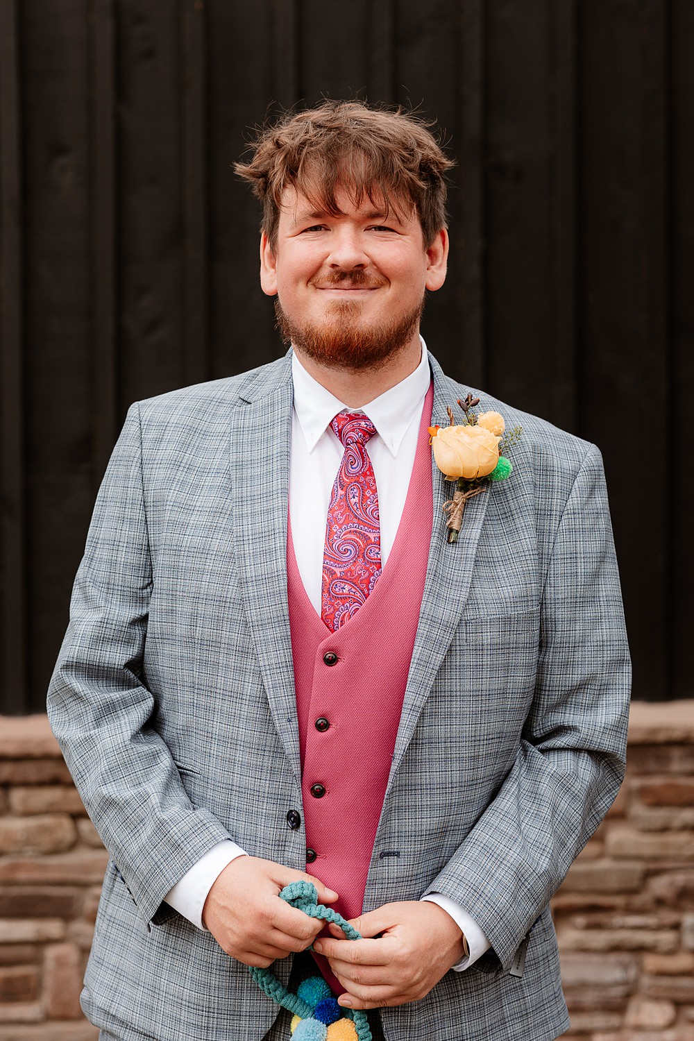 Groom Suit Grey Check Pink Tie Waistcoat The Wholehouse Wedding Katherine and her Camera