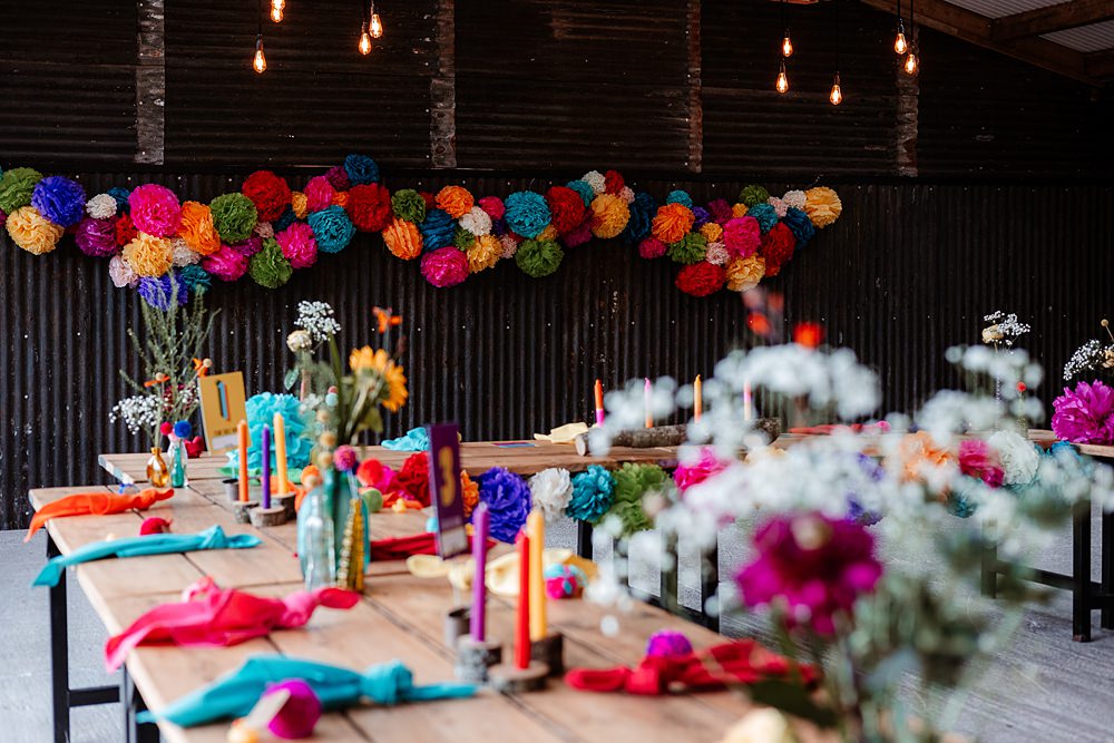 Colourful Table Decor Candles Flowers Napkins Pom Poms The Wholehouse Wedding Katherine and her Camera