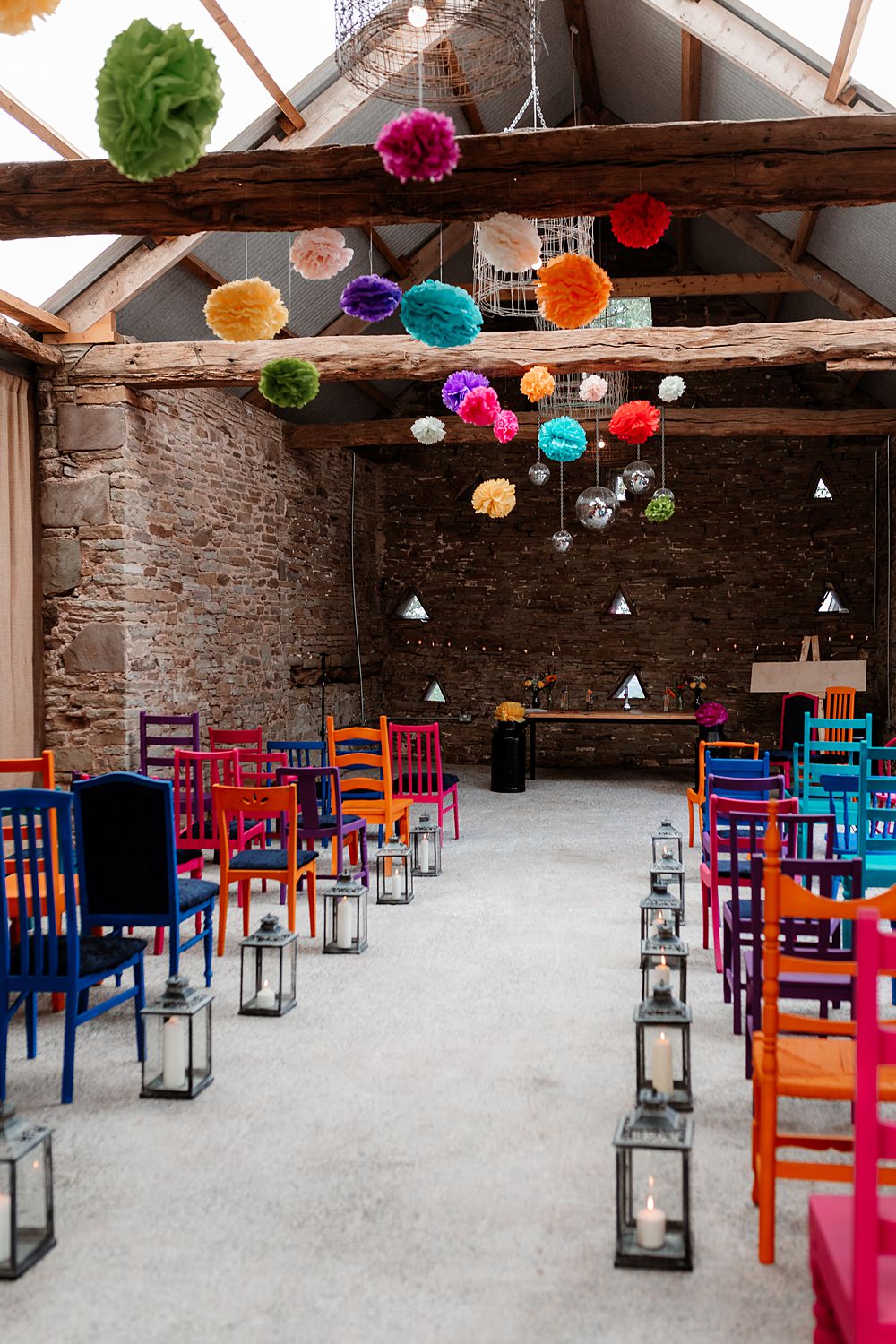 Pom Pom Disco Ball Ceremony Decor Aisle Colourful Chairs The Wholehouse Wedding Katherine and her Camera