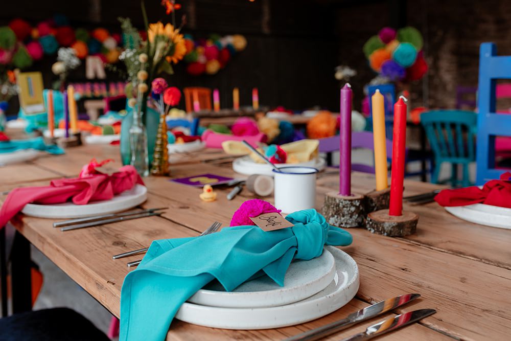 Colourful Table Decor Candles Flowers Napkins Pom Poms The Wholehouse Wedding Katherine and her Camera