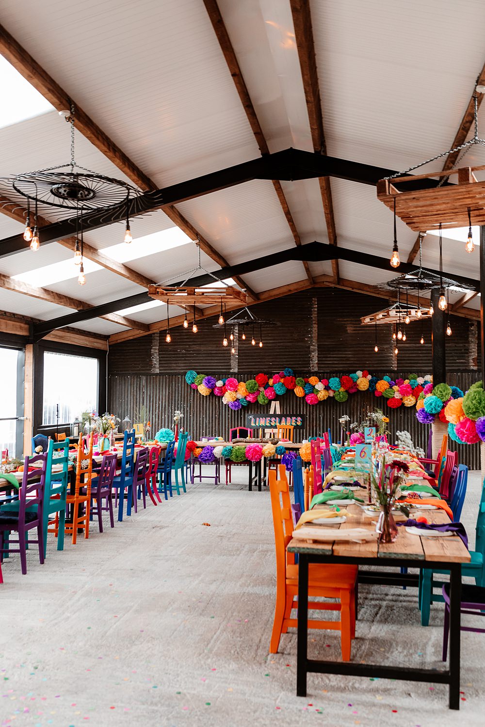 Barn Reception Colourful Chairs Pom Pom Decor The Wholehouse Wedding Katherine and her Camera