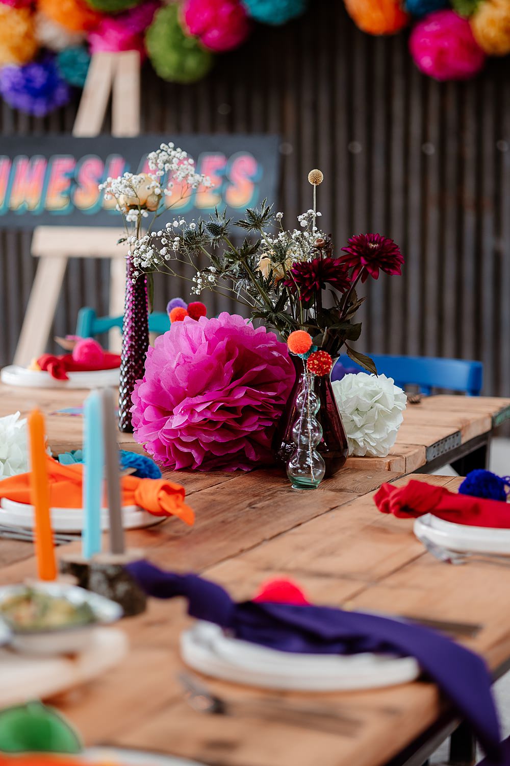 Colourful Table Decor Candles Flowers Napkins Pom Poms The Wholehouse Wedding Katherine and her Camera