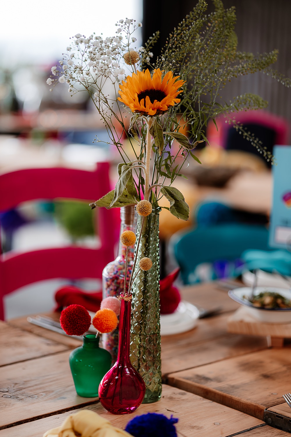 Centrepiece Flowers Pom Poms The Wholehouse Wedding Katherine and her Camera