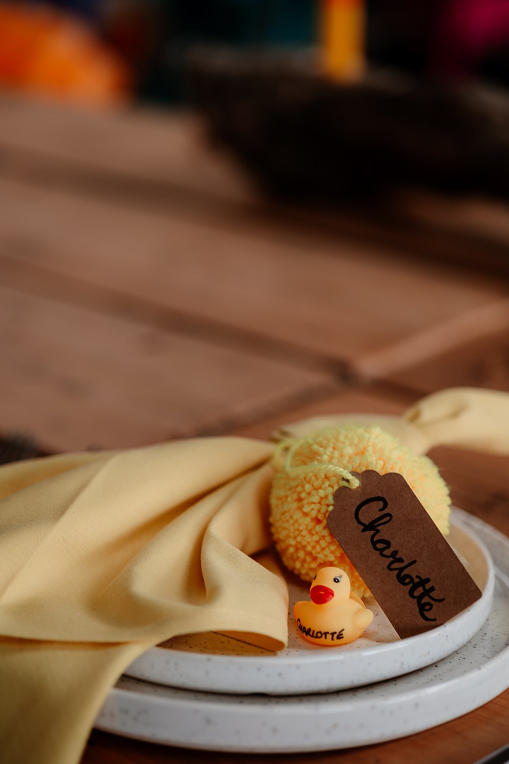 Place Name Setting Rubber Duck Name Pom Pom The Wholehouse Wedding Katherine and her Camera