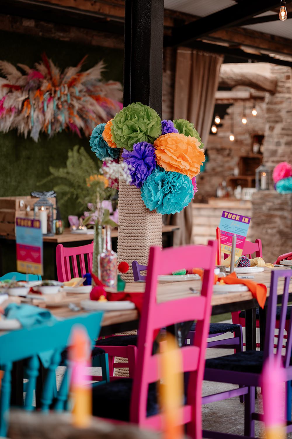 Colourful Table Decor Candles Flowers Napkins Pom Poms The Wholehouse Wedding Katherine and her Camera